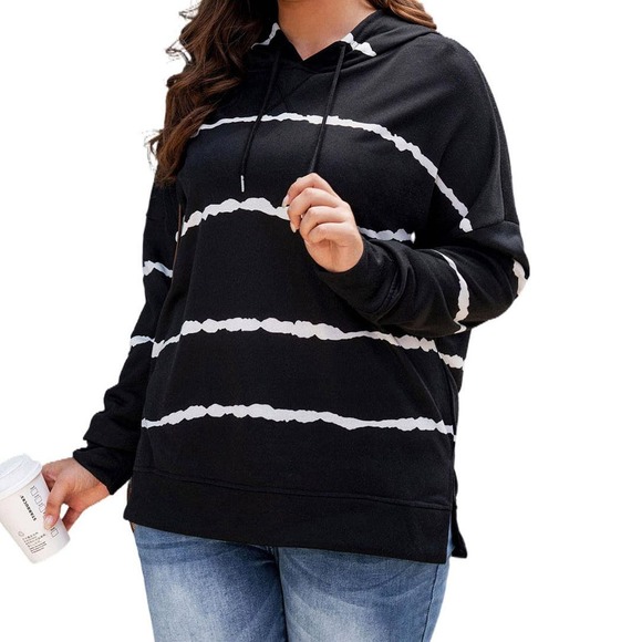 BLACK WHITE TIE DYE STRIPED SOFT DRAWSTRING HOODIE SIZE 2X (18-20) - Picture 2 of 8